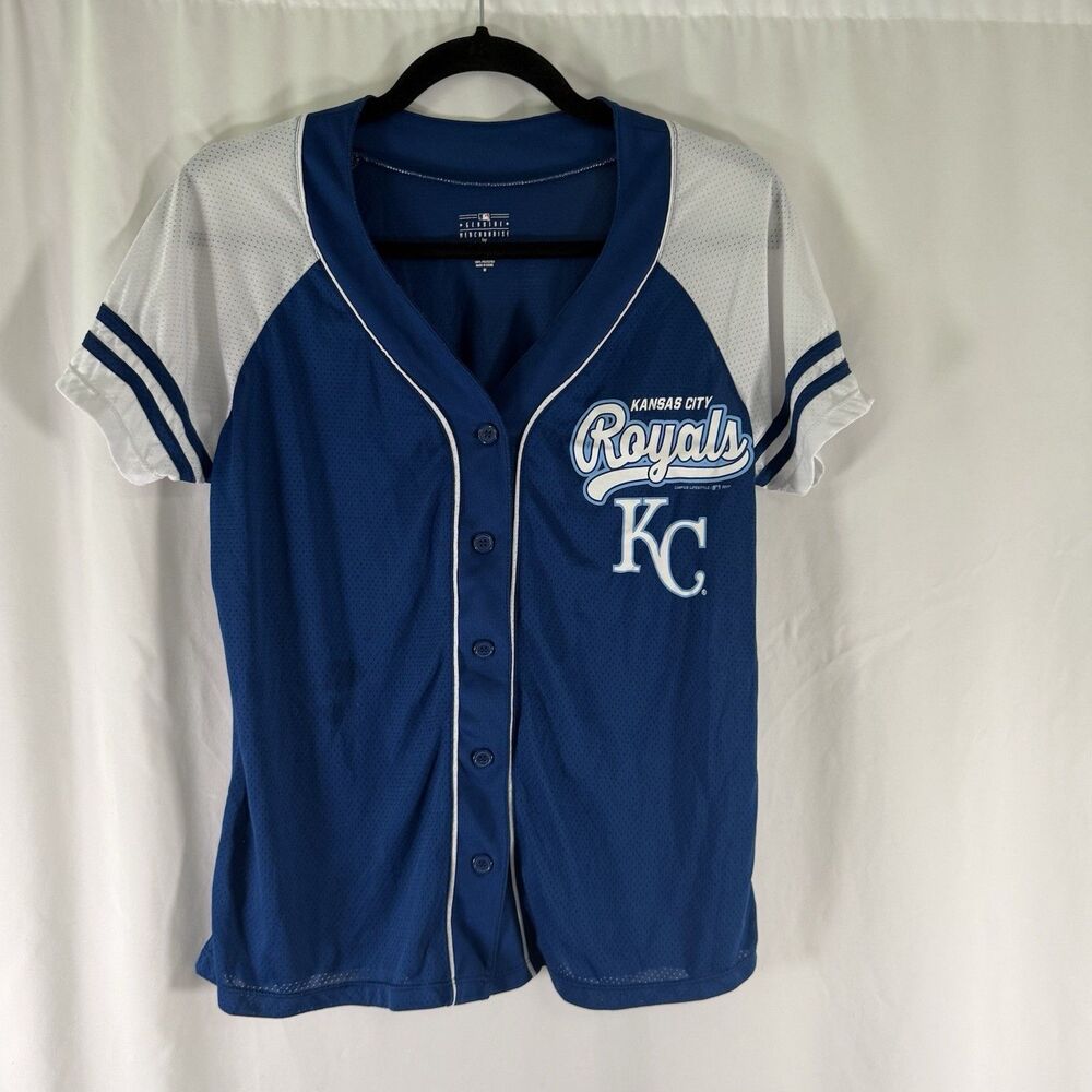 Kansas City Royals Jersey Women's Medium Blue Short Sleeve Button Up Lightweight